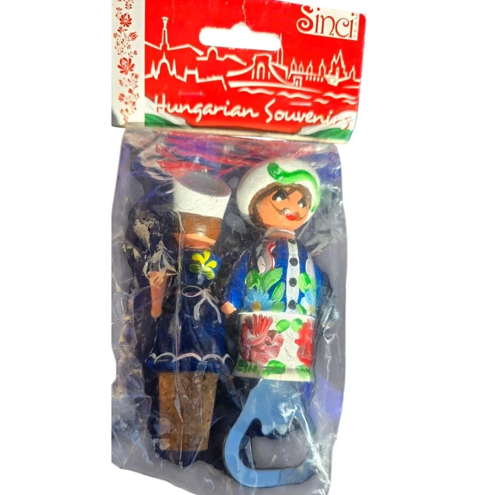 NWT  HUNGARY Girl & Boy‎ WOODEN WINE BOTTLE CORK STOPPER & OPENER Handpainted